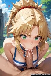 ai_generated ariavisions blonde_hair blowjob blowjob_face cum_in_mouth fate_(series) french_braid green_eyes mordred_(fate) surprised