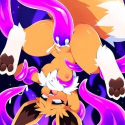 ai_generated anthro breasts brown_fur cum cum_in_pussy cum_inside eevee female furry furry_female genitals looking_pleasured nipples open_legs open_mouth pink_tentacles pokemon pokemon_(species) pokephilia pussy questionable_consent rear_view small_breasts spread_legs spread_pussy suspended_in_midair tentacle tentacle_sex thick_thighs toe_beans upside-down vagina vaginal_penetration white_fur wide_hips