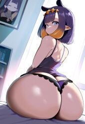 ai_generated ameanon ass big_ass booty bottom_heavy dumptruck_ass gigantic_ass hololive hololive_english hololive_myth huge_ass lace lace-trimmed_panties lace_trim large_ass ninomae_ina'nis off_shoulder on_bed panties pointy_ears purple_panties short_hair sitting t-shirt tank_top thick_thighs virtual_youtuber vtuber