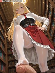 1boy 1girls ai_generated ariel_anemoi_asura blonde_hair blue_eyes crown_braid feet footjob from_below hand_on_hip highres indoors library long_hair looking_at_viewer malth mushoku_tensei pantyhose penis pov smug stepped_on toes