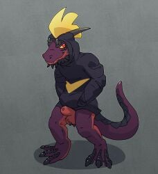 argon_vile balls bottomless clothed clothing genital_sheath genitals hands_in_both_pockets hi_res hoodie hoodie_only horn kobold leezpunk lizard male only_male pal_(species) palworld partially_clothed penis pocketpair reptile scalie shadowdile solo tail topwear topwear_only