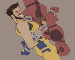 bara beard big_bulge blush bondage bulge chained_together chained_wrists daddy deadpool deadpool_&_wolverine_(2024) dilf erection_under_clothes frottage gay logan_(x-men) male male/male male_only manly marvel marvel_comics masked_male mature_male muscular_male nuttkraken penis_outline upside-down wade_wilson wolverine_(x-men) x-men