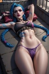 ai_generated armpits arms_behind_head athletic_female auravirus blue_hair braided_hair cameltoe female female_focus female_only hips jinx_(league_of_legends) league_of_legends league_of_legends:_wild_rift looking_at_viewer lying lying_on_back panties prison prisoner purple_panties small_breasts string_panties tattoo