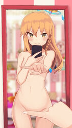 bangs blonde_hair blush braid cellphone crown deepweeb female long_hair million_arthur_(neptunia) mirror neptunia_(series) nude one_finger_selfie_challenge reflection self_shot side_braid smile solo tied_hair yellow_eyes