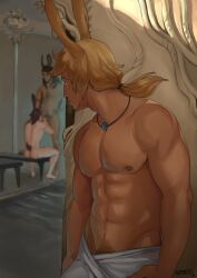 2boys abs blowjob final_fantasy_xiv gay interspecies kupo_klein locker_room male_focus tagme towel viera walk-in watching yaoi