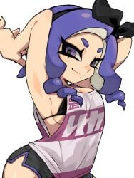 absurdres armpits arms_up black_bra black_hairband black_shorts bow_hairband bra bra_peek breasts cleavage dolphin_shorts female hairband highres ikachan_pochan large_breasts looking_at_viewer octoling octoling_girl octoling_player_character purple_eyes purple_hair short_eyebrows short_shorts shorts sideboob smile solo splatoon splatoon_(series) tank_top tentacle_hair underwear white_tank_top