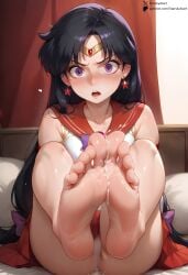 ai_generated bishoujo_senshi_sailor_moon black_hair blush clothing cum cum_on_feet embarrassed female foot_fetish leotard looking_at_viewer panties pantyshot presenting_feet purple_eyes rei_hino sailor_mars skirt solo starskyai surprised tiara