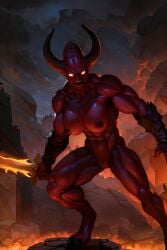 abs ai_generated biceps bloodletter breasts broad_shoulders chaos_(warhammer) chaos_daemon female female fire glowing_eyes highres holding_weapon hooves horns khorne khorne_daemon knoworai looking_at_viewer muscular muscular_arms muscular_female muscular_thighs nipples nude pussy red_skin sharp_teeth smoke solo solo_female sowrd stable_diffusion vambraces warhammer_(franchise) warhammer_40k