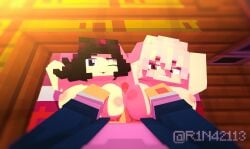 1boy 2girls 3d :3 ;p alley_(r1n42113) bed bedroom big_breasts double_paizuri mine-imator minecraft nipples paizuri penis pink_eyes pink_hair pink_nipples r1n42113 sex threesome yuri yuri