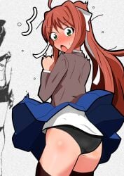 1female 1girls ass blue_skirt blush butt clothed clothes clothing doki_doki_literature_club female green_eyes long_hair monika_(doki_doki_literature_club) panties ponoka2121 skirt ぽのか_(pixiv_user_id_902546)