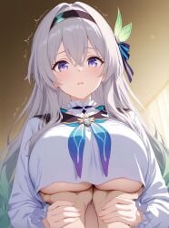 1firefly_(honkai:_star_rail) 1girls ai_generated blush breast_grab breasts crop_top female firefly_(honkai:_star_rail) grey_hair groping groping_breasts holding_breast holding_breasts honkai:_star_rail large_breasts looking_at_viewer school_uniform schoolgirl underboob