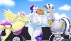 2018 absurd_res ass big_breasts bikini bikini_thong blue_eyeshadow blues64 blush breasts car car_wash clothing cutie_mark digital_media_(artwork) english_text equid equine eyelashes eyeshadow female fluttershy_(mlp) friendship_is_magic group hair half-closed_eyes hasbro hi_res horn huge_breasts hyper hyper_breasts looking_at_viewer makeup mammal marauder6272 my_little_pony mythological_creature mythological_equine mythology narrowed_eyes nipple_outline outside pegasus pink_hair rarity_(mlp) sign swimwear text trio unicorn vehicle wings zebra zecora_(mlp)