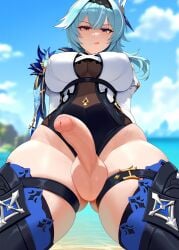 1girls :q ai_generated bangs blue_hair blue_legwear blue_sky blurry blush breasts covered_nipples day erection eula_(genshin_impact) futanari genshin_impact gloves large_breasts licking_lips looking_at_viewer penis pussy sky smile solo testicles thighhighs thighs tongue tongue_out