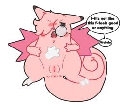 anthro anus belly_rub blush bunnyqueen clefairy embarrased_horny embarrassed eyewear female generation_1_pokemon genitals glasses hi_res lying nintendo pokemon pokemon_(species) pussy semi-anthro slightly_chubby solo solo_focus