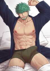 1boy abs arms_up bara bare_pectorals beard boxer_briefs bulge commentary commission covered_penis english_commentary erection erection_under_clothes facial_hair fire_emblem fire_emblem:_the_blazing_blade green_hair hair_over_eyes highres large_pectorals lowen_(fire_emblem) male_focus male_underwear muscular muscular_male navel nipples on_bed open_clothes pectorals pillow short_hair solo thighs toumato twitter_username underwear vgen_commission waking_up