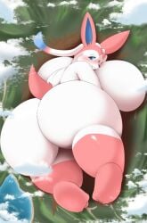 anthro ass big_breasts blush breasts eeveelution giant giantess kify macro massive_breasts outgrowing_earth pokemon pokemon_(species) sylveon white_fur