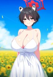 ai_generated big_breasts black_hair blue_archive breasts female hair_between_eyes hexad huge_breasts large_breasts short_hair solo tsubaki_(blue_archive)