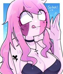 big_breasts bikini_top choker cleavage collar crucifix cute friday_night_funkin long_hair necklace pink_body pink_hair sarvente_(dokki.doodlez) simple_background sweat tattoo tongue_out white_eyes yume0534