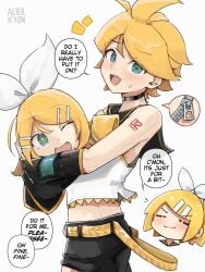 1boy ahoge alterkyon animegao bare_shoulders blonde_hair blue_eyes crop_top crop_top_overhang female highres kagamine_len kagamine_rin mask midriff open_mouth original otoko_no_ko sailor_collar shorts zipper