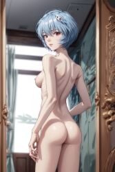 1girls ai_generated ai_hands areolae ass ayanami_rei blue_hair booty breasts female female_only light-skinned_female looking_at_viewer looking_back neon_genesis_evangelion neopn_genesis_evangelion nude red_eyes short_hair solo