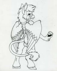 1boy alcohol anthro ass avian backsack balls beak beverage black_and_white feathered_wings feathers glass hippogryph holding_object hooves line_art looking_at_viewer looking_back male male_only monochrome naughty_face nude perineum petrock rear_view solo standing wine wings