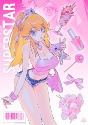 big_breasts blonde blonde_hair bow bowtie camera choker jean_shorts jeans lollipop mario_(series) mito609 nintendo pink_clothing posing posing_for_the_viewer princess_peach short_shorts shorts sundae super_mario_bros. thick_thighs