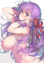 adjusting_hair blush fate/stay_night fate_(series) female_focus hair_ribbon hong_(white_spider) large_breasts long_hair looking_at_viewer matou_sakura nude purple_eyes purple_hair