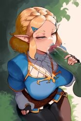 1boy 1girl 1girls ai_generated bimbo blowjob cum cum_in_mouth cum_leaking elf elf_ears elf_female ene fellatio female_focus ganondorf green_penis green_skin interspecies kneeling lipstick monster nintendo on_knees oral orc orc_male orc_on_elf outdoors princess_zelda solo_focus sucking_penis the_legend_of_zelda zelda_(breath_of_the_wild)