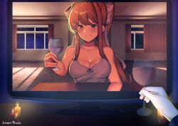 brown_hair computer cups date doki_doki_literature_club green_eyes monika_(doki_doki_literature_club) not_porn safe safe_for_work school_room sfw smile storm_blaze stormblaze76 white_bow white_dress wine wine_bottle wine_glass