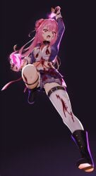 absurdres blood blood_on_clothes blood_on_face blood_on_leg boots breasts highres hikikomari_kyuuketsuki_no_monmon knife medium_breasts midriff miniskirt nary nelia_cunningham pink_hair pleated_skirt red_eyes skirt thighhighs vampire zettai_ryouiki