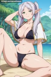 ai_generated aindroidparanoid beach big_breasts bikini busty cameltoe capelet cleavage covered_nipples curvy elf elf_ears elf_female female female_only frieren frieren_beyond_journey's_end green_eyes huge_breasts large_breasts leg_up legs narrow_waist nipples outdoors sitting slim_waist sousou_no_frieren spread_legs stable_diffusion twintails voluptuous waist white_hair