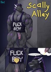 absurd_res alley anthro balls black_body black_hair bladder_gauge bodily_fluids bottomless bottomless_male clothed clothing comic desperation dragon english_text fuel_gauge full_bladder genital_fluids genitals hair hi_res horn male markings meter multicolored_body muscular muscular_male mythological_creature mythological_scalie mythology neofi night nyx_(zed_evermore) omorashi page_1 page_number peeing penis purple_hair purple_markings scalie shirt solo tank_top teeth text thought_bubble title topwear urine wall_(structure) watermark watersports