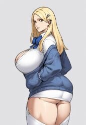 ai_generated ass_peek bunanza_ busty cardiganng cleavage female_only huge_breasts long_sleeves nikke plump_ass shirt skirt solo tagme thick_thighs tia_(nikke)