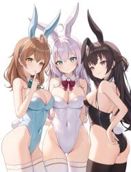 ahoge alisa_mikhailovna_kujou armpits ass ass_visible_through_thighs bare_arms bare_shoulders belly_button_visible_through_clothing big_breasts black_leotard black_thighhighs blue_eyes blue_leotard blush breasts brown_eyes brown_hair bunny_ears bunny_tail bunnysuit cleavage closed_mouth detached_collar finger_to_mouth groin hair_ornament halonakoma9 highleg highleg_leotard leotard long_hair maria_mikhailovna_kujou russian sideboob small_breasts smile strapless strapless_leotard suou_yuki thighhighs thighs tokidoki_bosotto_russian_de_dereru_tonari_no_alya-san white_hair white_leotard white_thighhighs yellow_eyes zettai_ryouiki