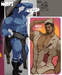 2boys abrams_(deadlock) abs artist_name bara biceps chest_hair chris_redfield dated deadlock english_text facial_hair garter_belt_socks glasses male male_focus male_only muscular muscular_arms muscular_chest muscular_male nipples nurse_uniform pecs pectorals resident_evil seansketches shirtless socks text thighs topless topless_male