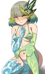 arm_between_breasts asymmetrical_gloves asymmetrical_legwear bikini blue_bikini blue_gloves blue_legwear blush duel_masters embarrassed gaiash_kaiser,_the_meteor gijinka green_bikini green_gloves green_legwear large_ass large_breasts large_thighs multicolored_bikini nagareboshi_asche one_knee_up personification pointy_chin shy squatting thick_thighs wavy_mouth