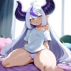 ai_generated ameanon hololive hololive_japan horns la+_darknesss long_hair off_shoulder on_bed panties pointy_ears sitting striped_panties t-shirt thick_thighs virtual_youtuber vtuber white_hair yellow_eyes