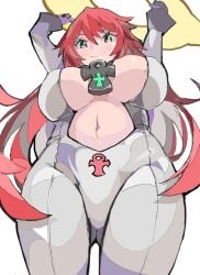 bodysuit clothed guilty_gear guilty_gear_strive guilty_gear_xrd huge_breasts jack-o&#039;_valentine looking_at_viewer pov red_hair thick_thighs tight_clothing