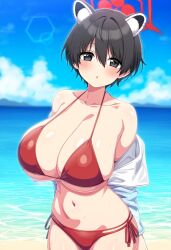 ai_generated big_breasts black_hair blue_archive breasts female hair_between_eyes hexad huge_breasts large_breasts short_hair solo tsubaki_(blue_archive)