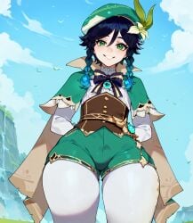 1boy 1femboy ai_generated big_thighs clothed clothed_male clothing femboy genshin_impact girly green_eyes huge_thighs large_thighs male pinkle_(smog) smile thick_thighs thighs trap venti_(genshin_impact) voluptuous