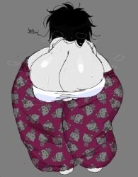 1girl 2d 2d_(artwork) big_breasts black_hair bottomwear chat_box english female girl grey_background hair heavensthroat large_breasts large_thighs original_character pajama pajama_pants pajamas pale_skin roblox solo sweat sweaty text thick_thighs thighs