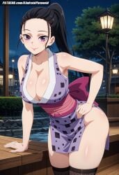 ai_generated aindroidparanoid ass bent_over big_ass big_butt black_hair breasts busty cleavage curvy cute demon_slayer fat_ass female female_only hinatsuru_(kimetsu_no_yaiba) hips huge_ass huge_breasts huge_butt kimetsu_no_yaiba kimono kunoichi large_ass large_breasts large_butt leaning_forward legs long_hair massive_breasts narrow_waist night outdoors ponytail purple_eyes slim_waist stable_diffusion standing thick_legs thick_thighs voluptuous wide_hips wife