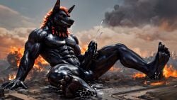 ai_generated anubis black_body city cum cumshot destruction dick furry giant handjob humanoid macro male masturbation nsfw sitting solo stomping sweat wolf