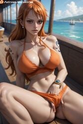 1girls ai_generated atheletic athletic_female auravirus big_breasts bikini boat bow bracelet breasts female female_only fingering_self hand_in_bikini hand_in_own_bikini hand_in_own_panties hand_in_panties hips legs_spread long_hair looking_at_viewer masturbating masturbation masturbation_through_clothing nami_(one_piece) one_piece panties pussy serious serious_look solo solo_female tattoo