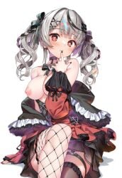 breasts_out female_focus finger_to_mouth fishnet_stockings gothic_lolita hair_ribbon heart-shaped_pupils hololive hong_(white_spider) large_breasts long_hair looking_at_viewer nipples one_breast_visible painted_nails red_eyes sakamata_chloe silver_hair sitting skirt virtual_youtuber white_background