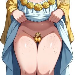 1boy ai ai_generated chastity_cage close-up exposing exposing_self femboy freckles lifting_skirt painter_(professorperv) pale-skinned_male pale_skin presenting presenting_penis robe robes small_penis solo thick_thighs