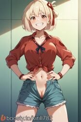 1girls ai_generated blonde_hair boosty_username female grin hair_ribbon hand_on_hip kirill782 looking_at_viewer lycoris_recoil navel nishikigi_chisato pend pussy red_ribbon ribbon short_hair stable_diffusion standing watermark