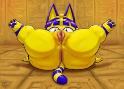 2025 animal_crossing ankha_(animal_crossing) anthro anus ass big_butt blue_hair bodily_fluids clothing digital_drawing_(artwork) digital_media_(artwork) domestic_cat egyptian egyptian_clothing egyptian_headdress feet felid feline felis female fur genital_fluids genitals hair hi_res hieroglyphics inside l3ftbl4nk looking_at_viewer lying mammal markings nintendo nude on_back pawpads paws presenting presenting_pussy pussy solo spread_legs spreading tail tail_markings thick_thighs yellow_body