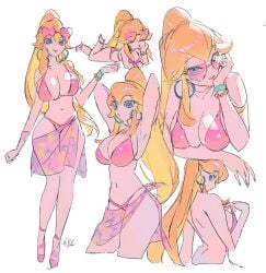 beach_outfit big_breasts bikini bikini_bottom bikini_top blonde blonde_female blonde_hair blonde_hair_female blue_eyes earring earrings mario_(series) mito609 nintendo pink_sunglasses pink_swimsuit princess_peach sunglasses super_mario_bros. yellow_hair