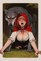 1animal ai_generated big_bad_wolf blush cleavage curvy doggy_style drooling fairy_tales feral_on_human freckles knot knotting little_red_riding_hood little_red_riding_hood_(grimm) moaning penetration plump primal_urges red_hair shoulder_length_hair torn_clothes wolf woods zoophilia